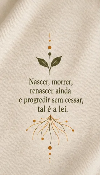 A estampa: um broto, a frase “Nascer, morrer, renascer ainda e progredir sem cessar, tal é a lei.” e raízes douradas
