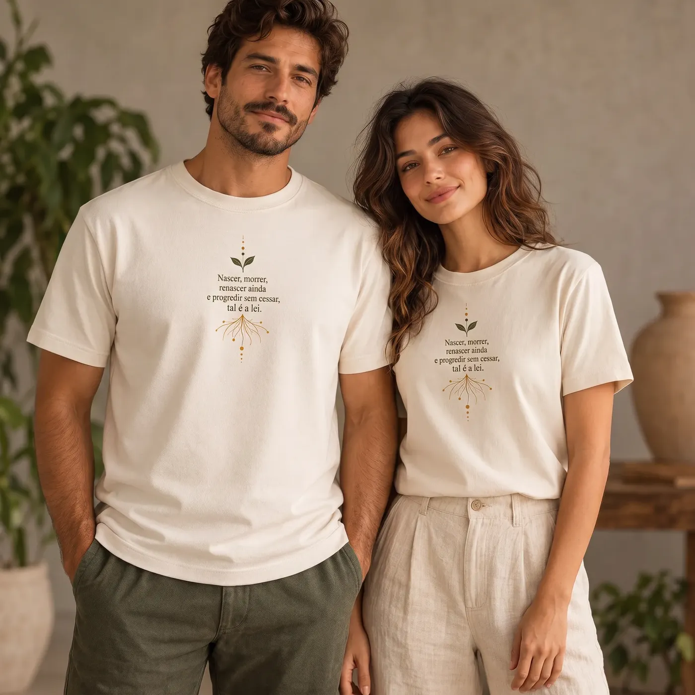 Um casal sorrindo, ele e ela vestindo a camisa marfim do 8º VIRaSER com a estampa no peito