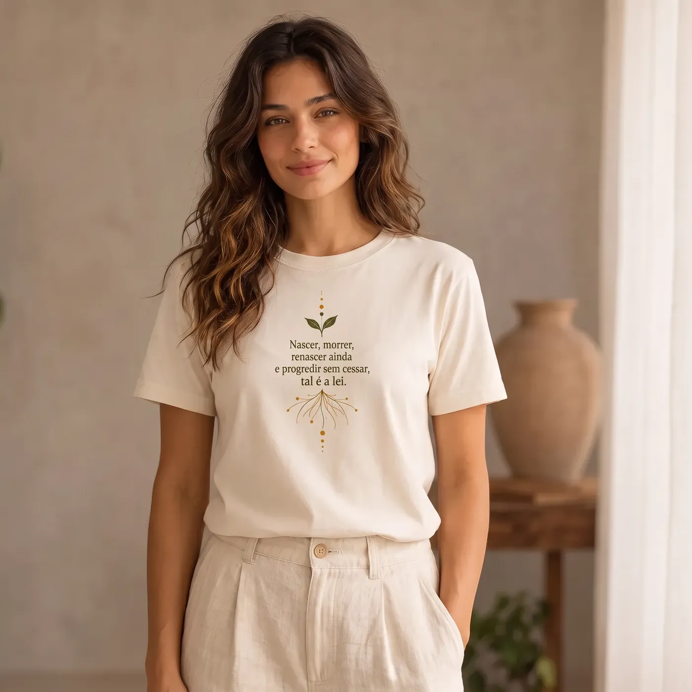 Mulher sorrindo vestindo a camisa marfim do 8º VIRaSER, com a estampa no peito