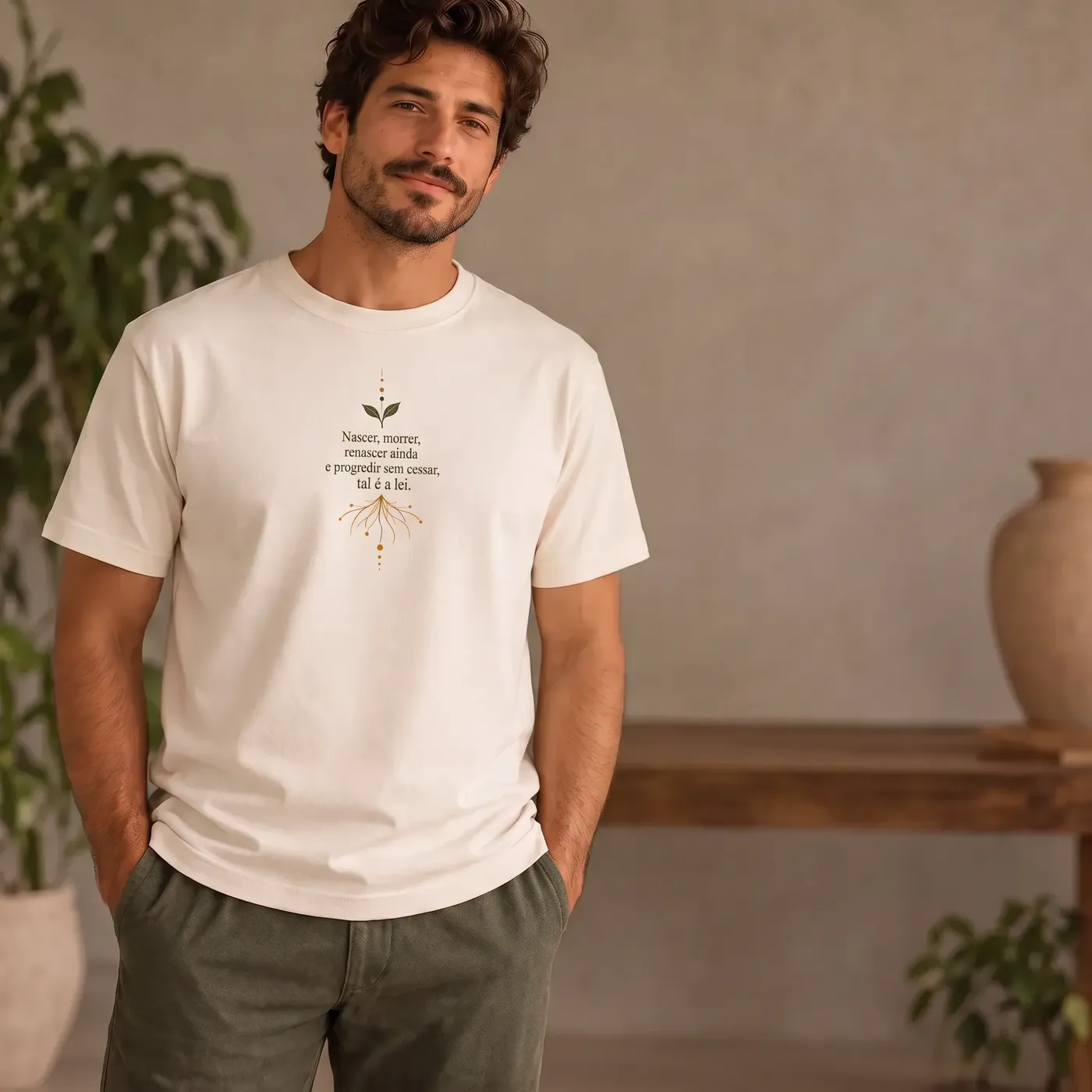 Homem sorrindo vestindo a camisa marfim do 8º VIRaSER, de frente, com a estampa no peito