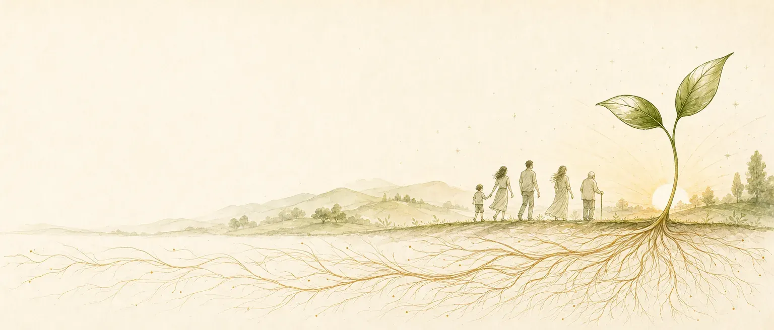 Ilustração a nanquim e aquarela: um broto de duas folhas com raízes douradas que se espalham sob a terra e, ao longo do chão, uma família de todas as idades caminhando junta rumo ao amanhecer